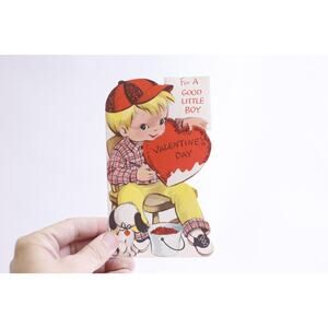 Little Boy Coloring a Red Heart with a Puppy, Valentine's Card, USED, Folding
